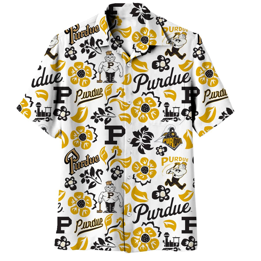 Wes and Willy Mens Sports Fan College Vault Floral Button Up Hawaiian Shirt (Purdue Boilermakers, XL) White