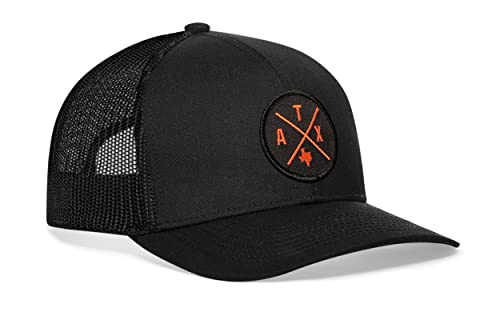 HAKA Austin Hat – ATX Trucker Hat for Men & Women, Adjustable Baseball Cap, Mesh Snapback, Outdoor Golf Hat - Black (Orange Thread)