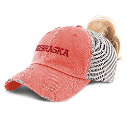 Womens Ponytail Cap Nebraska State USA America B Embroidery Cotton Distressed Trucker Hats Strap Closure Coral Design Only