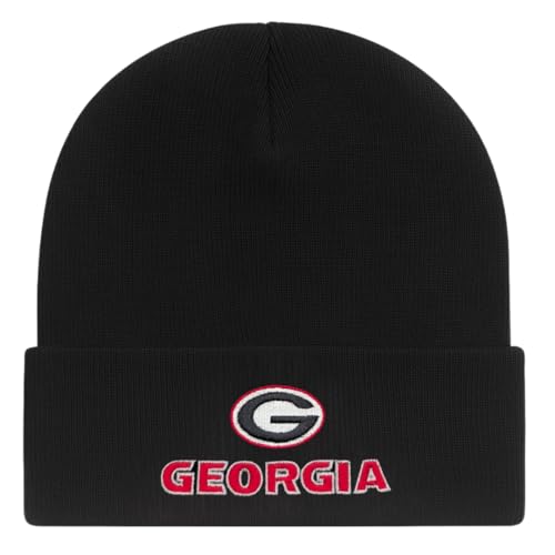 Officially Licensed Georgia Cuffed Knit Black/White Beanie Hat Classic Edition Bulldogs Embroidered Primary Team Logo Winter Red Sports Cap
