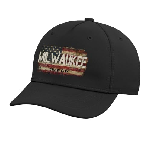 Vintage American Flag Brew City Milwaukee Adjustable Printed Baseball Hat, Black