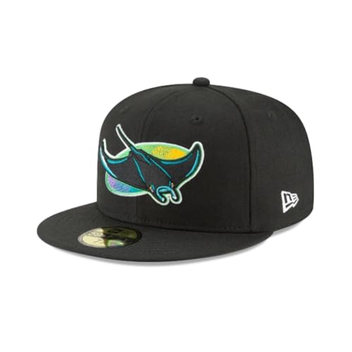 New Era MLB 59FIFTY Tampa Bay Rays Black Team Color Cooperstown Logo Authentic Collection Fitted On Field Baseball Cap Hat - 6 7/8