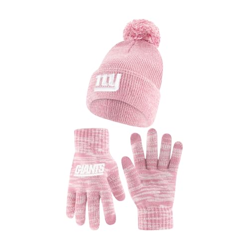 Ultra Game Adults NFL Official Super Soft Winter Beanie Knit Hat with Warm Touch Screen Gloves, New York Giants, Pink, One Size