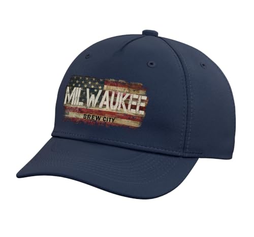Vintage American Flag Brew City Milwaukee Adjustable Printed Baseball Hat, Navy Blue