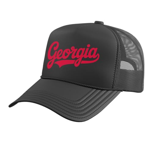Vintage Georgia Script Retro Swoosh Design Trucker Hat with Adjustable Mesh Back, Black