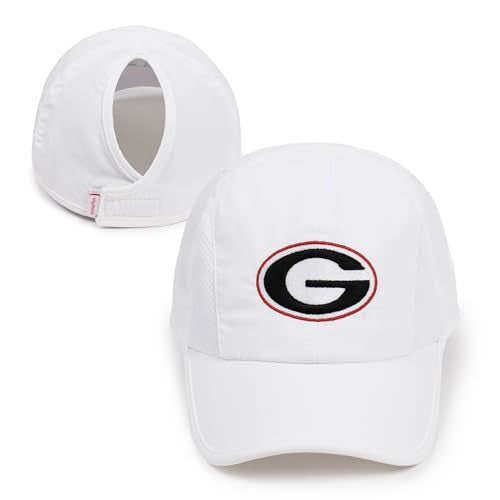 Ponyflo Women’s Collegiate Ponytail Hat, NCAA University of Georgia Bulldogs Baseball Cap for Women, Active Cap, White, University of Georgia