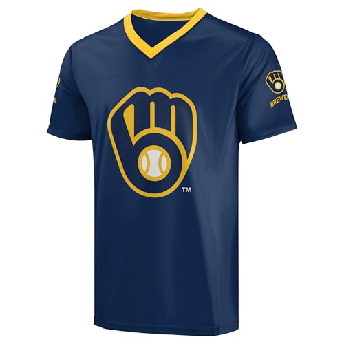 FOCO MLB Men's Officially Licensed Primary Logo Wordmark Ballpark Team Color Jersey (US, Alpha, Large, Regular, Regular, Milwaukee Brewers - Navy, Milwaukee Brewers)