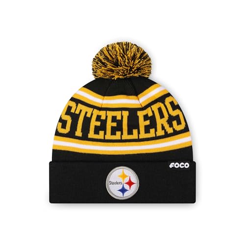 FOCO Pittsburgh Steelers NFL Primary Logo Stripe Pom Beanie - Black