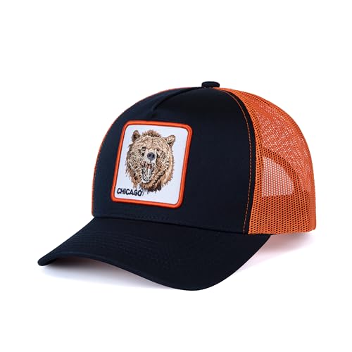 City-Flex Chicago Football Fan Patch Trucker Hat - Netted Snapback Baseball Cap with Team Design for Men & Women (Black/Orange - Bear)