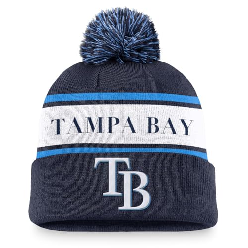Nike MLB Team Stripe Peak Cuffed Knit Hat with Pom (US, Alpha, One Size, Navy, Tampa Bay Rays)