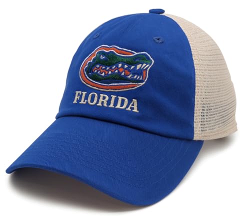 Officially Licensed University Florida Mesh Trucker Hat Classic Blue/Khaki Embroidered Gators Team Logo Adjustable Snapback Sports Baseball Cap