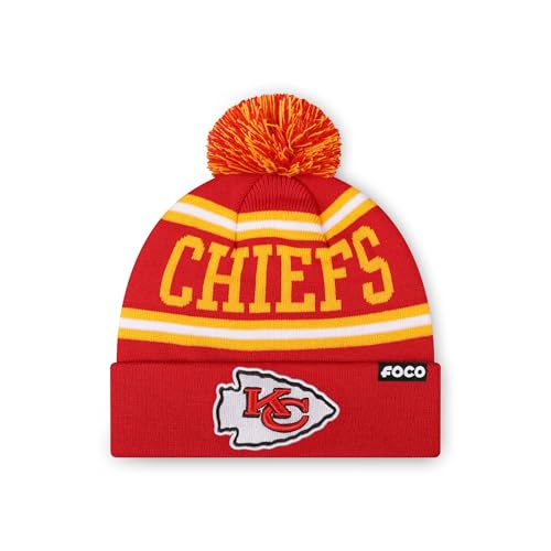 FOCO Kansas City Chiefs NFL Primary Logo Stripe Pom Beanie - Red