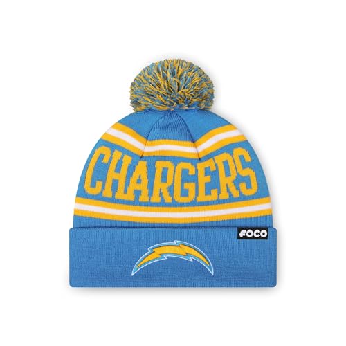 FOCO Los Angeles Chargers NFL Primary Logo Stripe Pom Beanie - Blue Raz