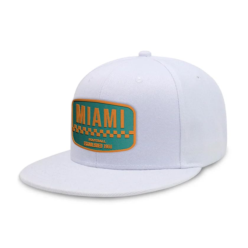 Flatbill Snapback Football Cap for Men and Women, Classic Cotton Sports Hat - Miami - White
