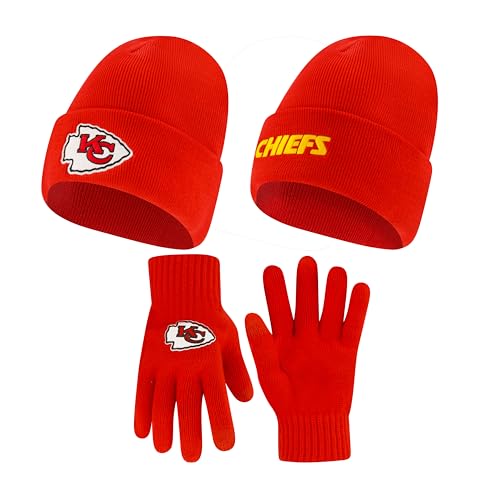 Ultra Game Adults NFL Official Super Soft Winter Beanie Knit Hat with Extra Warm Touch Screen Gloves, Kansas City Chiefs, Team Color, One Size