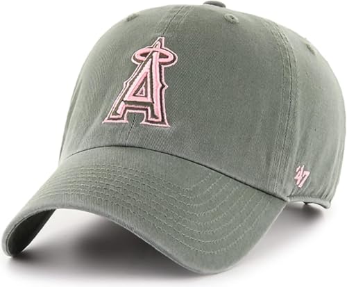 47 Brand MLB Moss Green Pink Primary Logo Clean Up Adjustable Strap Baseball Cap Hat, Adult One Size Fits All - Los Angeles Angels Moss Green