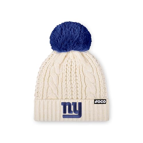 FOCO New York Giants NFL Womens Primary Logo Cable Knit Pom Beanie - White