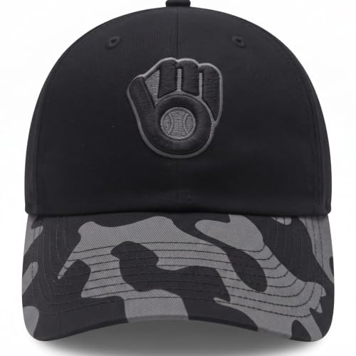Milwaukee Brewers Two Tone Camo Baseball Hat Embroidered Logo Relaxed Fit | Officially Licensed, Camo Brim, Black Colorway, Special Edition Style, MLB Fan Gear, Comfortable Look and Feel