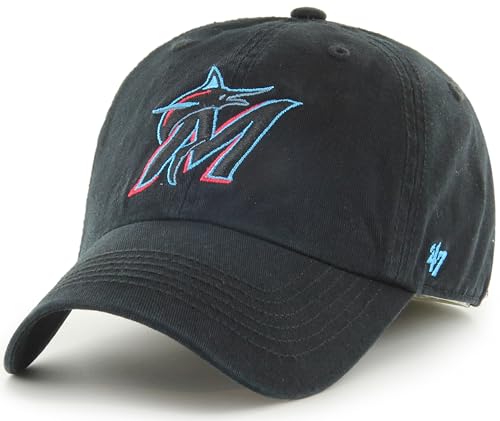 47 MLB Team Color Primary Logo Franchise Fitted Baseball Hat Cap, Unisex Adult - Miami Marlins - Black (Medium)