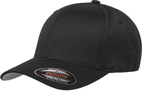Flexfit Men's Wooly Combed Twill Fitted Baseball Cap, Black, Large-X-Large