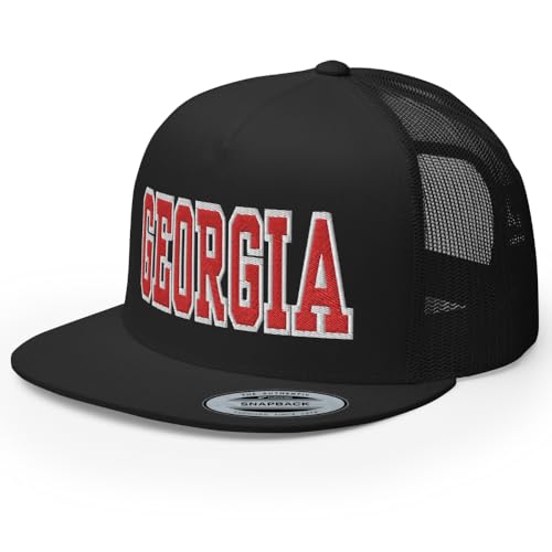 RIVEMUN NG Georgia Sports GA Embroidered Flat Bill Trucker Hat High Crown Adjustable Cap Black