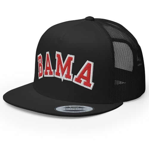 RIVEMUG NG Bama Embroidered Flat Bill Trucker Hat High Crown Adjustable Alabama AL State Cap Black