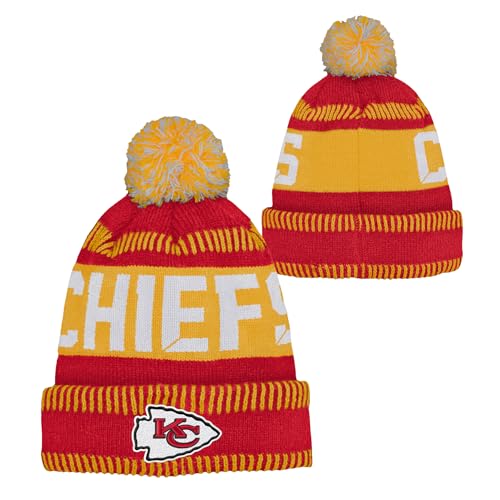 Outerstuff NFL Kids Youth 8-20 One Size Team Color Primary Logo Official Sports Tech Knit Cold Weather Football Pom Beanie Hat - Kansas City Chiefs