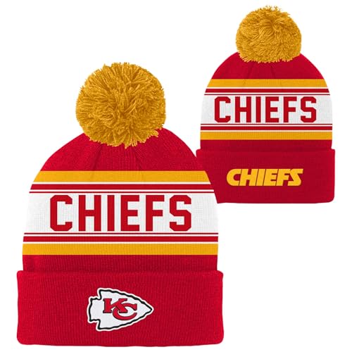 NFL Kids Youth 8-20 Official Primary Logo Jacquard Sport Knit Cold Weather Cuffed Pom Beanie Hat (US, Alpha, One Size, Kansas City Chiefs, Kansas City Chiefs)
