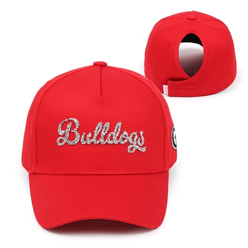 Ponyflo Women’s Collegiate Ponytail Hat, NCAA University of Georgia Bulldogs Baseball Cap for Women, Bling Cap, Red, University of Georgia