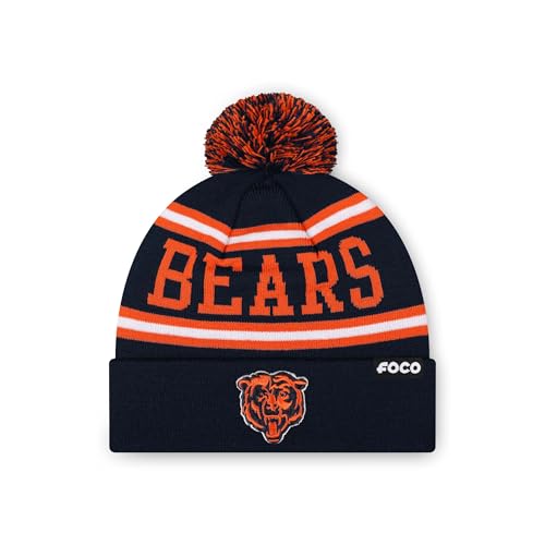 FOCO Chicago Bears NFL Primary Logo Stripe Pom Beanie - Navy