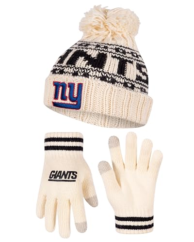 Ultra Game NFL Official Adults Unisex Super Soft Cable Knit Winter Beanie Knit Hat with Extra Warm Touch Screen Gloves, New York Giants, Natural, 1SIZE