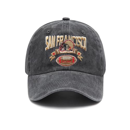 Embroidered City Hat Vintage Washed Denim Football Hats for Men Women, Unisex Adjustable Cotton Fans Baseball Cap