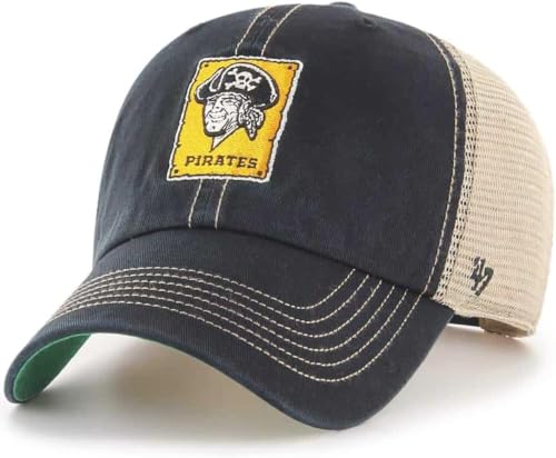 47 MLB Trawler Primary Logo Cooperstown Mesh Trucker Clean Up Adjustable Hat, Adult One Size Fits All - Pittsburgh Pirates Black