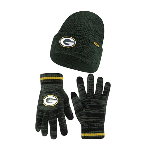 Ultra Game NFL Official Adults Unisex Super Soft Marl Knit Winter Beanie Knit Hat with Extra Warm Touch Screen Gloves, Green Bay Packers, Team Color, 1SIZE