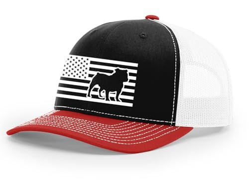 Heritage Pride Canine Collection Bulldog American Flag Embroidered Mesh Back Trucker Hat, Black/Red/White