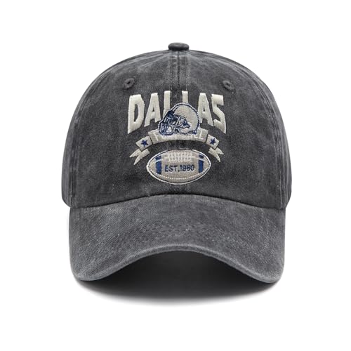 Embroidered City Hat Vintage Washed Denim Football Hats for Men Women, Unisex Adjustable Cotton Fans Baseball Cap