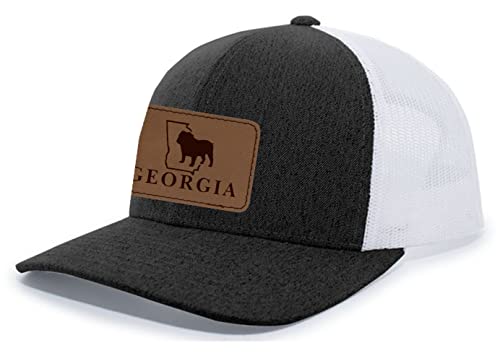 It's All About the South Georgia Football Bulldog Laser Engraved Leather Patch Trucker Hat, Black Heather/White