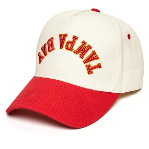 Upside Down City 2 Tone Trucker Hat - Tampa Bay - Red/Beige | Structured 5 Panel cotton cap with 3D embroidery for street style, weekend getaways, game days & music festivals
