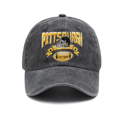 Embroidered City Hat Vintage Washed Denim Football Hats for Men Women, Unisex Adjustable Cotton Fans Baseball Cap
