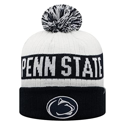 Collegiate Cuffed Knit Beanie Hats, Cuffed Knit Winter Beanies Available (Winter Pom Beanie, Penn State White)