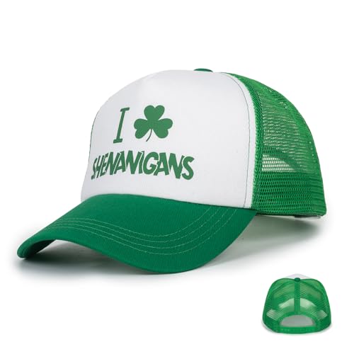 Shamrock Green Trucker Hat for Women Men, Adjustable Snapback Mesh Foam Trucker-Hat, 5 Panel 4-Leaf Clover Baseball Cap for Irish St. Patrick's Day