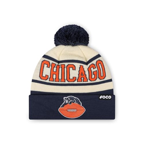 FOCO Chicago Bears NFL Heritage Stripe Retro Logo Pom Beanie - Cream