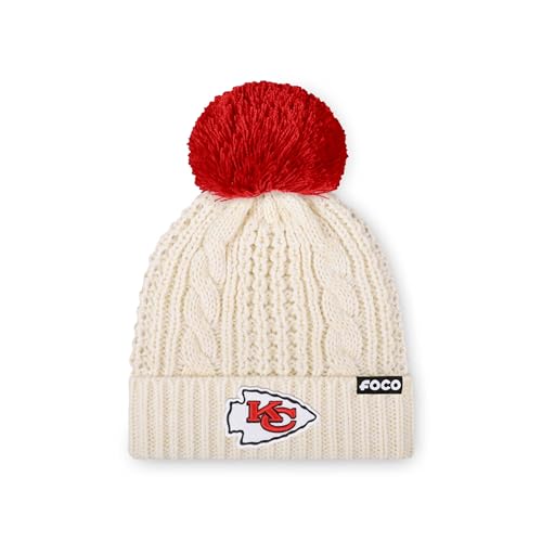 FOCO Kansas City Chiefs NFL Womens Primary Logo Cable Knit Pom Beanie - White