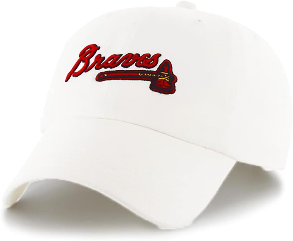 47 MLB Script Logo Clean Up Adjustable Hat Cap, Adult One Size (Atlanta Braves White)