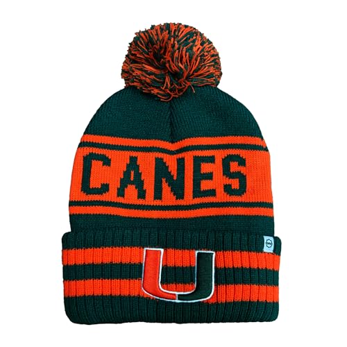 NCAA Miami Hurricanes Mens Green Orange Striped Knit Pompom Winter Hat Vintage Style Cuffed Logo Beanie