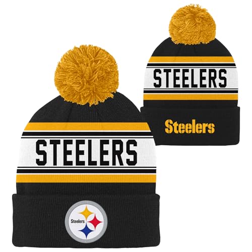 NFL Kids Youth 8-20 Official Primary Logo Jacquard Sport Knit Cold Weather Cuffed Pom Beanie Hat (US, Alpha, One Size, Pittsburgh Steelers, Pittsburgh Steelers)