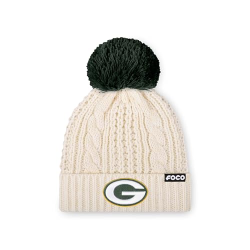 FOCO Green Bay Packers NFL Womens Primary Logo Cable Knit Pom Beanie - White