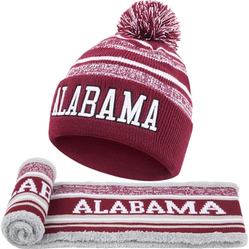 Alabama Beanie Hat Scarf Set for Men, Knit Pompom Beanie Cap, Football Fans Fashion Toque Cap, Neck Warmer Scarves,Winter Gifts for Sport Fans with Stickers