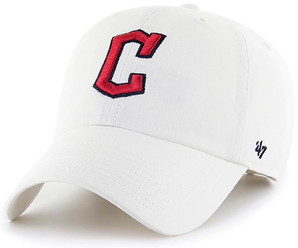 47 MLB White Team Color Primary Logo Clean Up Adjustable Strap Hat Cap, Adult One Size Fits All - Cleveland Guardians White