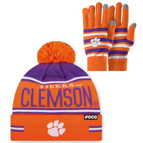 FOCO Clemson Tigers NCAA Stretch Glove & Big Wordmark Stripe Pom Beanie - Bundle Team Color